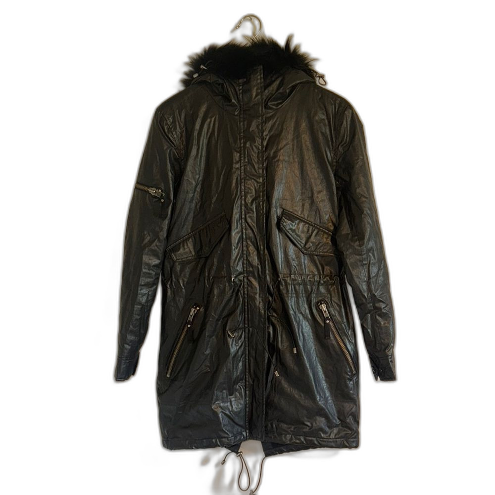SAM. KATE‎ PARKA BLACK COATED CANVAS & FOX FUR SIZE SMALL HOODED JACKET